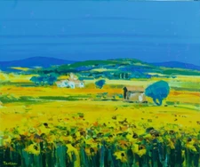 Tableau moderne Françis Taussac paysage aux tournesols et Lavande Provence hst