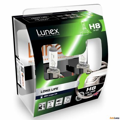 2x H8 Lunex LONG LIFE 3000K 35W 12V Car Headlight Bulbs PGJ19-1 Hard Case
