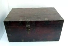 Antique Brass Strip Work Wooden Merchant Trunk Money Box Brass Latch Handle Lock