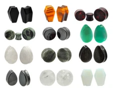 Pair of Stone Double Flare Plugs coffin teardrop round organic