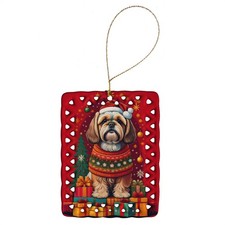 Lhasa Apso Christmas Dog Porcelain Ornament