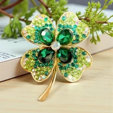 Gold Cloverleaf brooch, green crystal brooch, flower brooch, four leaf brooch