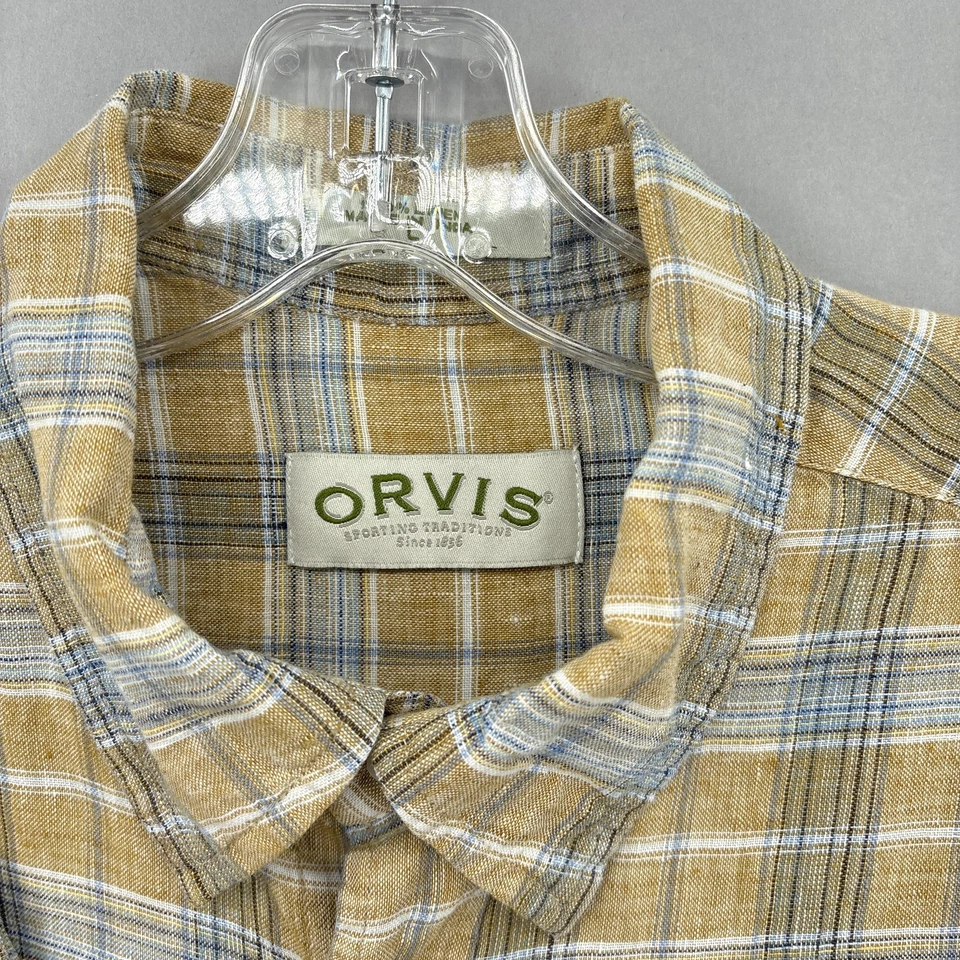 Orvis Shirt Mens Large Tan Blue Plaid 100% Linen Button Up Long Sleeve Casual - Image 4 of 4