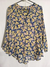 Daniel Rainn-Blue Yellow Peach White Floral Long Sleeve Vneck Top Blouse-XL