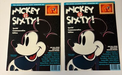 2 Mickey is Sixty Birthday Edition Magazines 1988 w/Fantasia Animation Cel Lot!