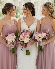 Artificial Wedding Bouquet Set Pink Ivory Roses Peony 2 Bridesmaid 1 Bride