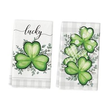 Plaid Shamrock Eucalyptus St. Patrick's Day Kitchen Towels 18" x 26" Beige