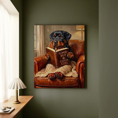 ''Evening Read'' - Rottweiler Vertical Canvas - Dog Lover Wall Art