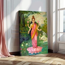 Ravi Varma - Lakshmi Indian Canvas Print, Hinduism Poster, Indian Goddess Art