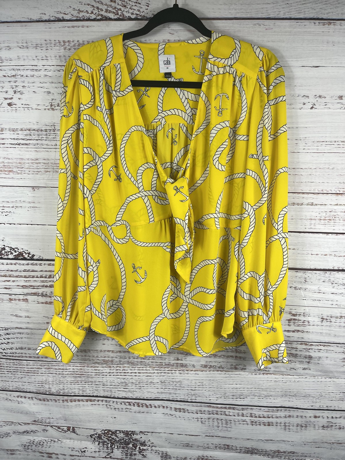 Cabi Blouse Womens Medium Yellow Nautical Rope Anchor Print Long Sleeve Top