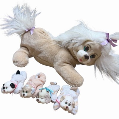 Puppy Surprise Vintage Plush Dog White Tan with 4 Puppies 1990s Toy Hasbro