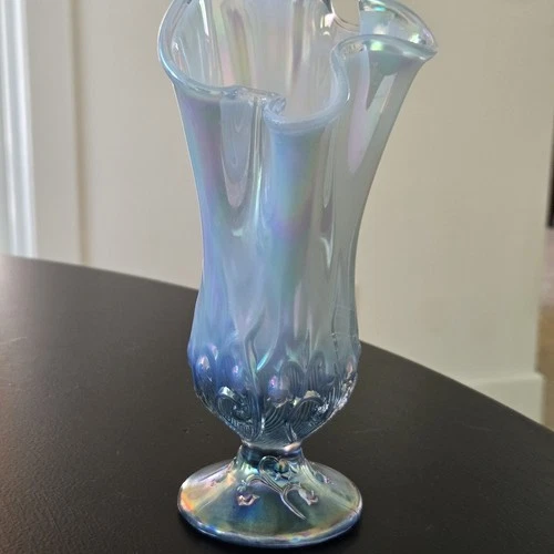 Fenton Art Glass Blue Opalescent Ruffled Lilly of the Valley Handkerchief Vase