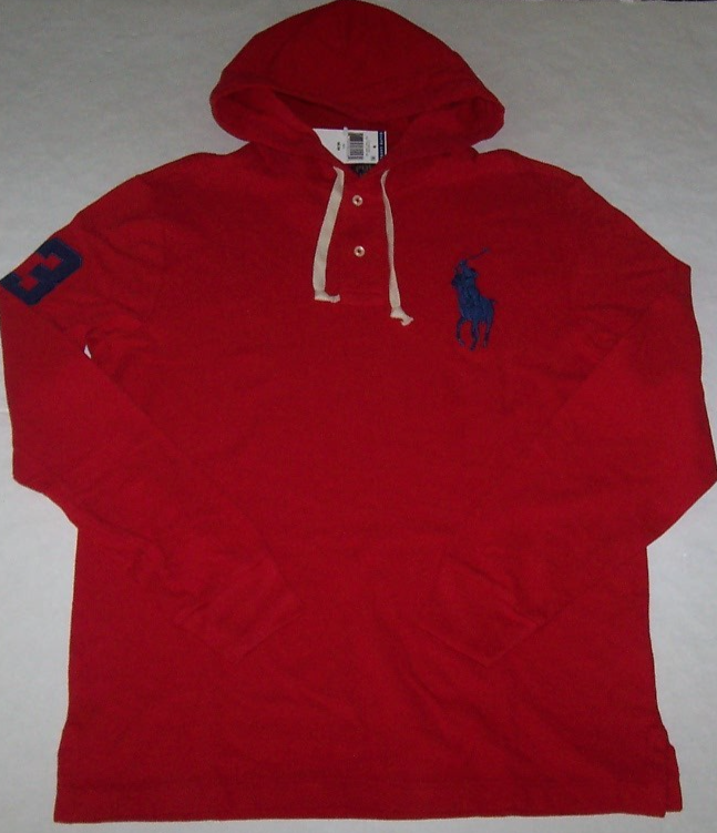 Polo Ralph Lauren nuova con etichetta maglia rossa manica lunga camicia con cappuccio uomo M BIG NAVY PONY