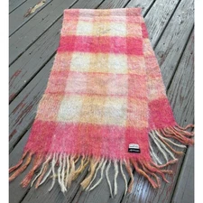Abraham & Straus 100% Mohair Scarf orange coral yellow large Plaid Germany70x17”