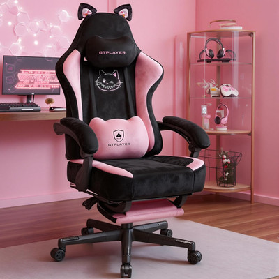 Pink Gaming Chair Cute with Cat Ears Ergonomic Computer Chair with Cat Embroider