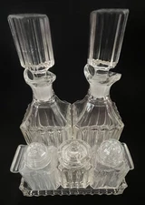 Vintage 6 Piece Cut Glass Cruet/Condiment Set w/Tray and Salt & Pepper & Cellar