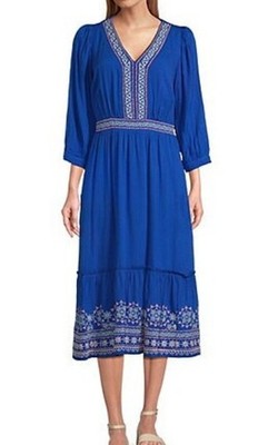 Clearance Plus Size 3X Nurture  3/4 Sleeve V-Neck Embroidered Midi Dress Blue