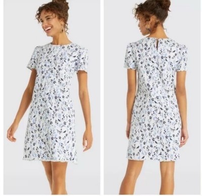 Draper James Dress 4 S Blue White NWT Cottage Core Cotton Pockets Stretch Career
