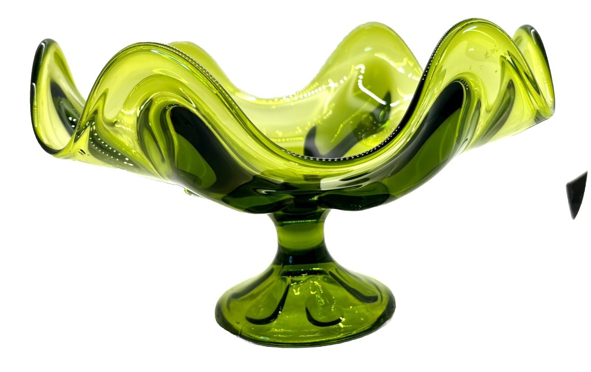 Vintage Viking Glass Green Epic Line Six Petal Compote Pedestal
