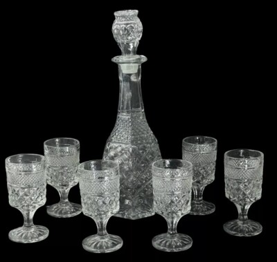 Vintage Anchor Hocking 32oz Glass Wexford Pattern Decanter And Glass Set Of 6