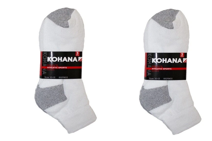 KOHANA Men's Athletic Ankle Socks, White w/Grey Heel&Toe, 6 pairs