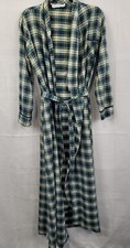 Vintage Lanz of Salzburg Blue/Green Plaid Cotton Tie Front Long Robe Size M/L