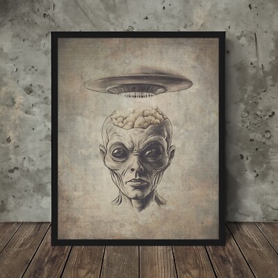 Vintage UFO ALIEN Wall Art, Consciousness Sci-fi Decor, UAP Meditation Poster
