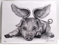 When Pigs Fly Pencil Drawing Original Numbered Print 11 x 14 in Winged Pig
