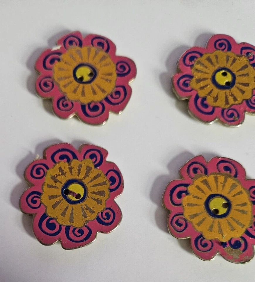 LAUREL BURCH buttons X6 pink yellow flower metal enamel floral by Dill Rare - Image 2 of 4