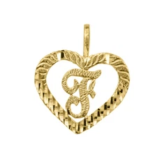 Genuine 14k Yellow Gold 0.59" Diamond-cut Initial Letter F Heart-shaped Pendant