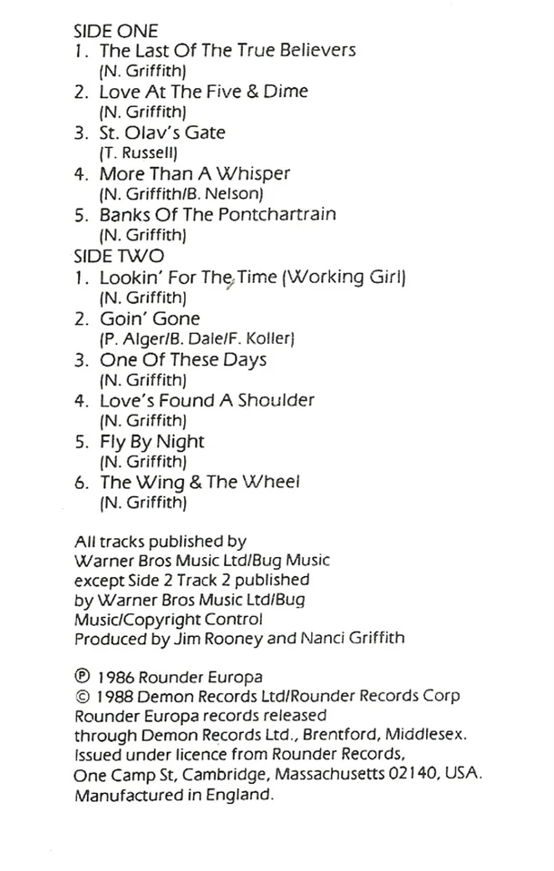 NANCI GRIFFITH LAST OF THE TRUE BELIEVERS CASSETTE ALBUM COUNTRY FOLK  - Image 4 of 4