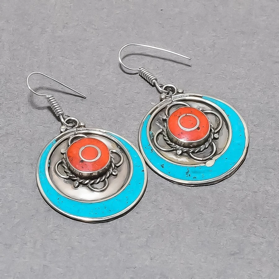Boucles d'oreilles pierres précieuses turquoise corail rouge bijoux... - Photo 2/4