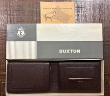 Vintage Buxton Bifold NOS English Morocco Goatskin Leather Brn Org Box & Inserts