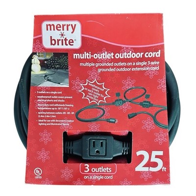 Merry Brite 25 ft Outdoor Extension 3 Outlet Cord Evenly Spaced  Christmas