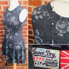 SUPERDRY Size 12 Grey Floral Dress Autumn Holiday Stretchy Excellent S4