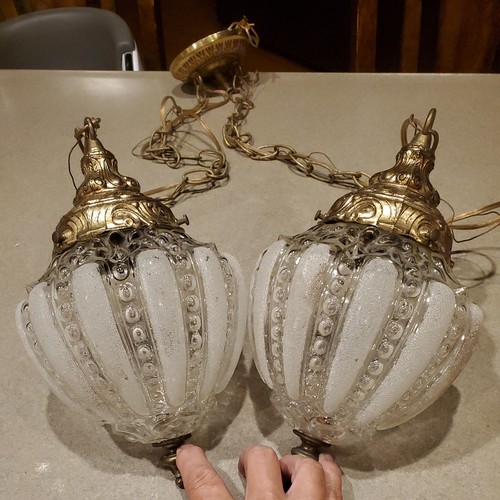 Vintage MCM Hollywood Regency Spherical Glass Double Swag Pendant Lights