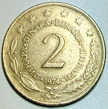 1974 Yugoslavia 2 Two Dinara - Copper Nickel Zinc Coin - Yugoslavian World Coin