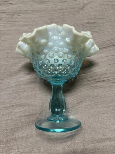 Fenton Blue Opalescent Hobnail Ruffled Rim Small Vase