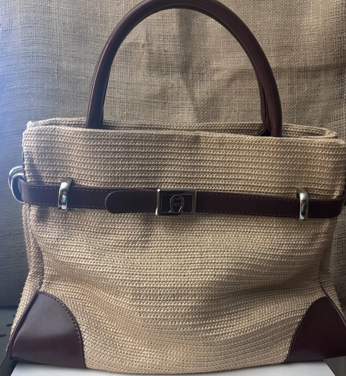 Sac à Main Vintage Etienne Aigner - Paille Et Cuir Brun - Multiples Poches