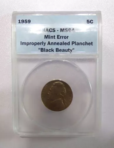 1959 5C Jefferson Nickel ANACS MS 64 Improperly Annealed Planchet Black Beauty