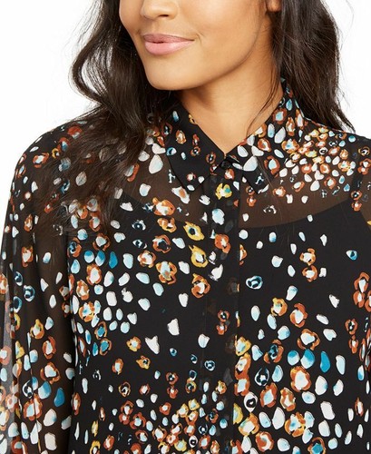 Alfani Women Petites PL Blouse Black Abstract Long Sleeve Sheer Layered Top - Picture 2 of 11