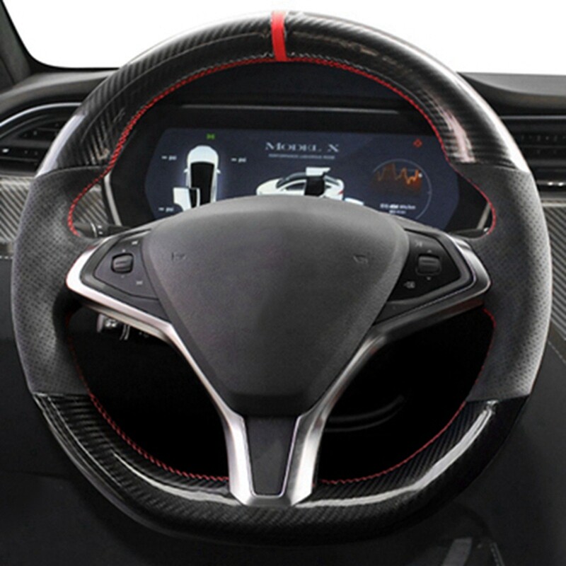 Black Suede Carbon Fible Steering Wheel Cover For Tesla Model X S Interiror