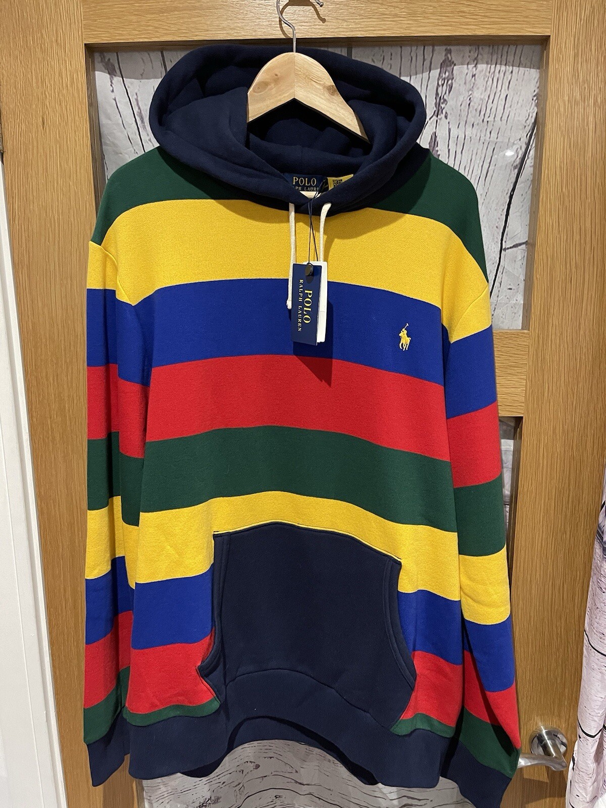 Polo Ralph Lauren Colour Block Righe Pony Felpa con Cappuccio Uomo Large Nuova