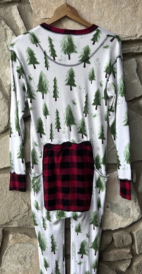 Lazy One Pajamas Flap Jack Small Red Buffalo Check Green Xmas Trees One Piece - Image 3 of 4