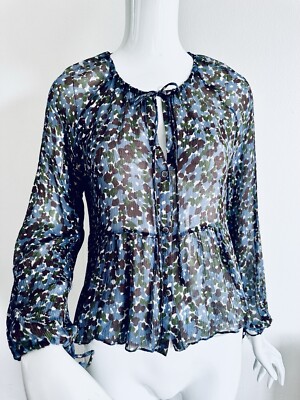 Lee Mathews Bluse Oberteil Blumen Grün Blau Seide Transparent Langarm Größe 1 S