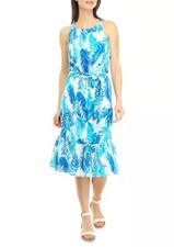 NEW AGB  WHITE BLUE MIDI BELTED COTTON DRESS SIZE 1 X WOMEN $82