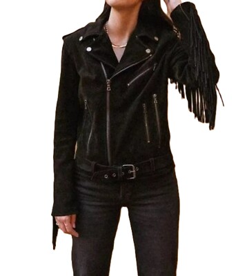Damen 100% Echt Wildleder Leder Schwarz Fransen Jacke Gürtel Motorrad Biker J...
