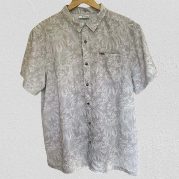 Columbia Men's Floral Light Grey/White Short Sleeves Shirt Large