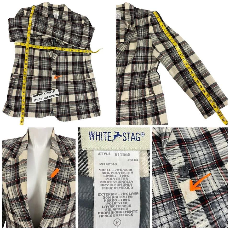 Blazer Ciervo Blanco Mujer 14 Gris Chaqueta a Cuadros Academia Trabajo Oficina Lana Patrimonio Foto 4 de 4