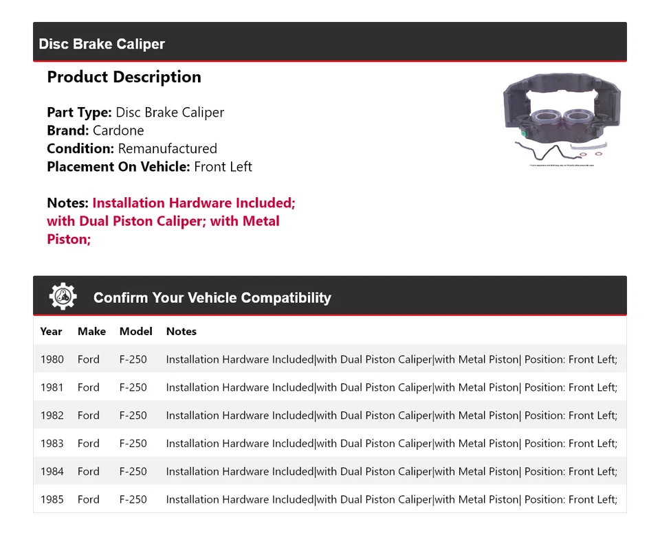 Pinza de freno de disco delantera izquierda cardone 1981 1982 1983 para Ford F-250 1980-1985 Foto 2 de 4